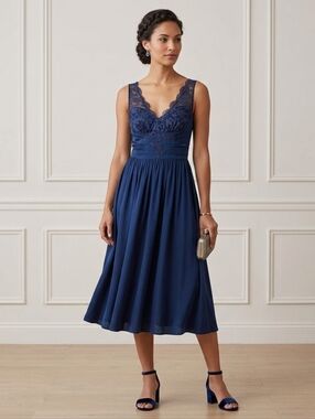 Anthropologie Navy Embroidered Midi Dress